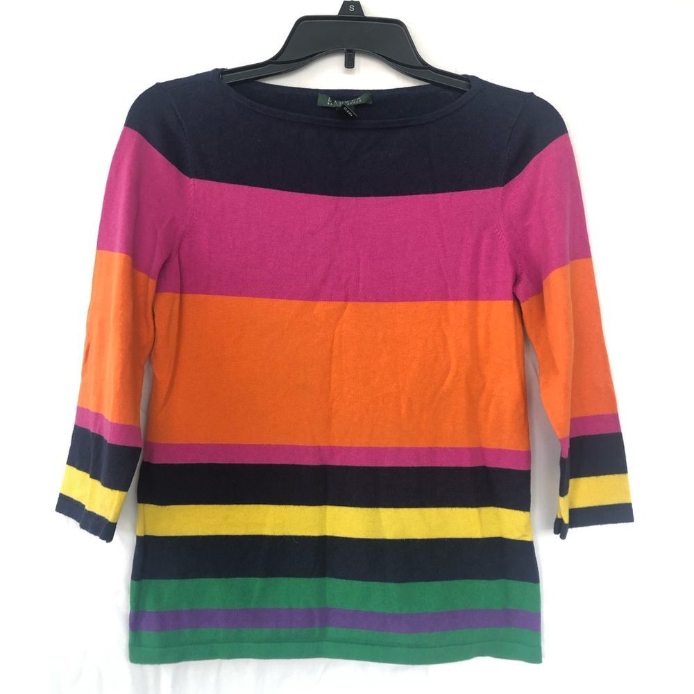 Lauren Ralph Lauren womens striped colorblock silk blend sweater blue/pink small